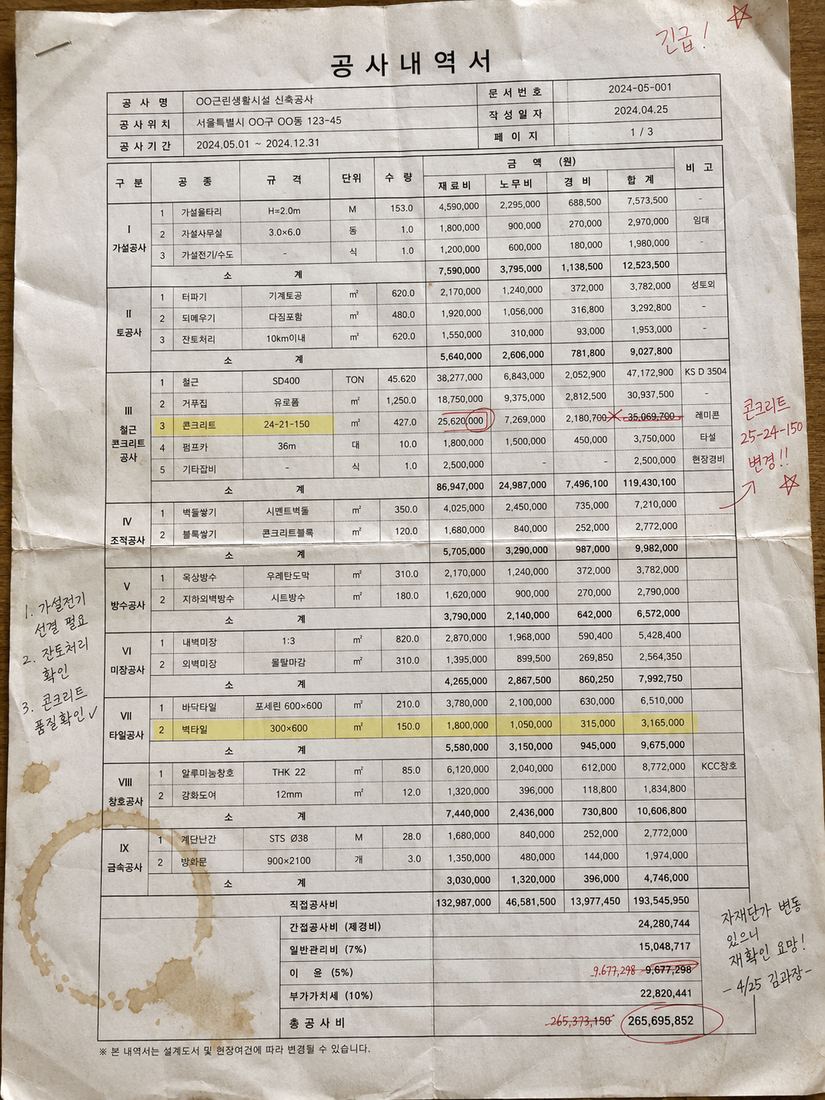 공사내역서 원본 사진 — 여러 단계 소계, 형광펜 강조, 빨간 취소선 정정, 커피 얼룩