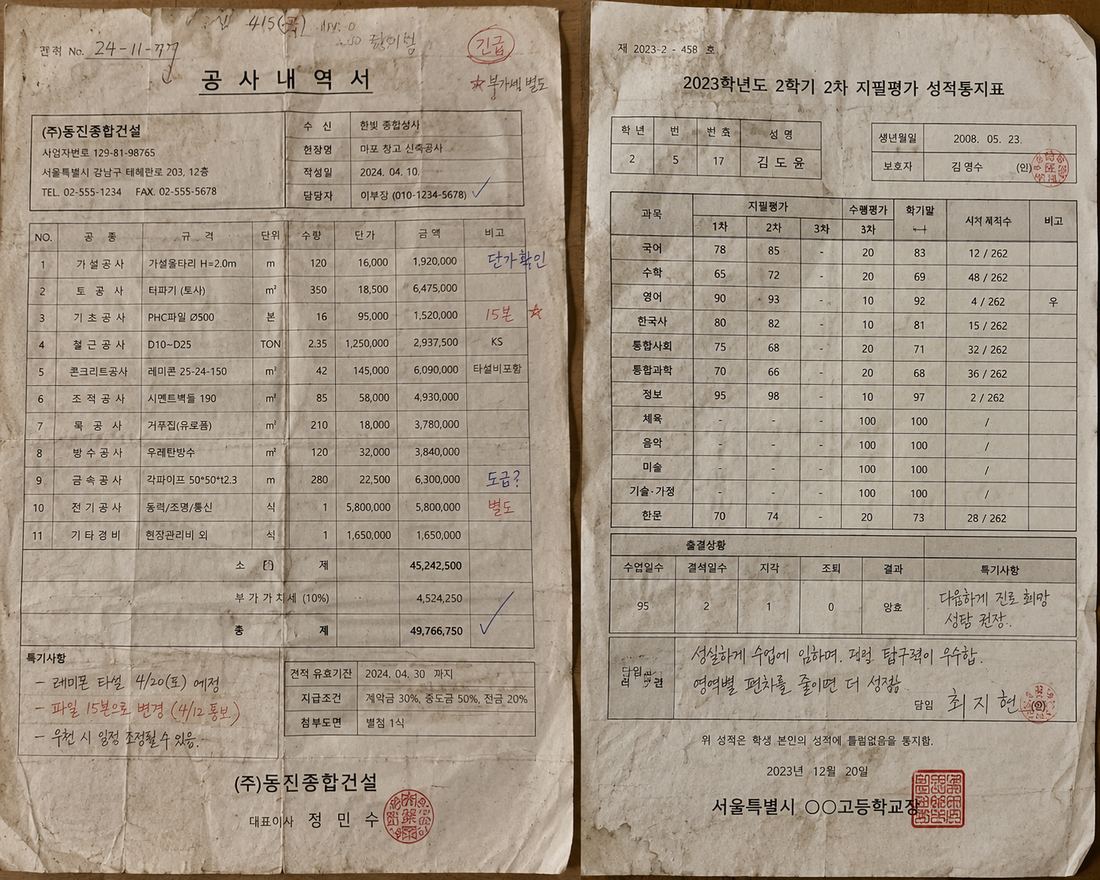 한 사진에 문서 2개 원본 사진 — 공사내역서+성적통지표, 낡은 종이, 붉은 도장 여러 개