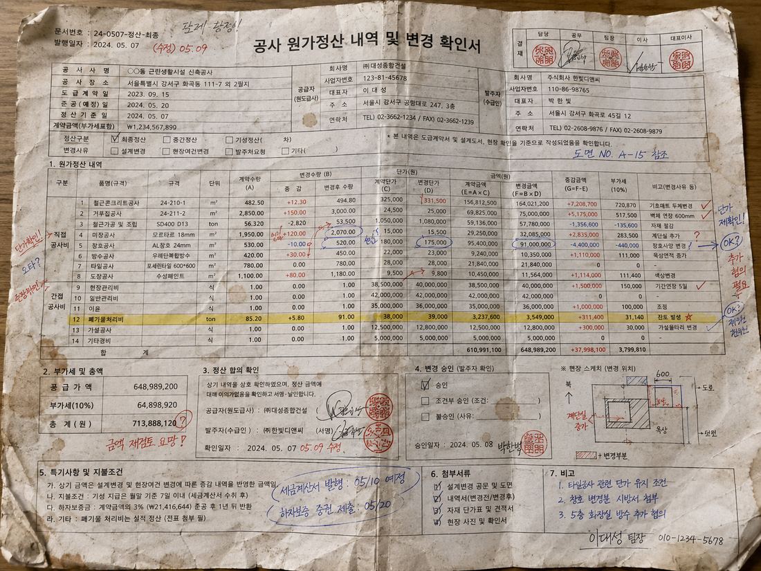 원가정산 내역확인서 원본 사진 — 결재 도장 5개, 변경 전후 복합 표, 형광펜 행, 고밀도